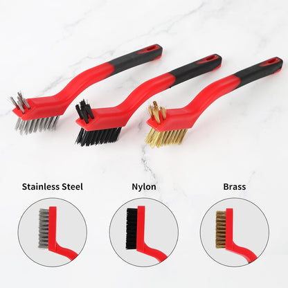 A A IN 6-Pack Wire Brush Set Nylon/Brass/Stainless Steel Bristles with Curved Handle Grip Scratch Brushes for Deep Cleaning and Rust Removing Small Cleaning Brushes - 7 Inches (Red)