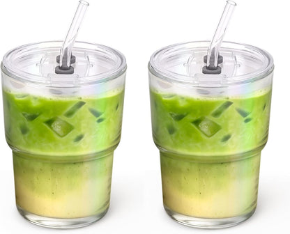 13 oz Glass Tumbler with Glass Straw and Lid, Leak-Proof Reusable Travel Cup for Iced Coffee, Tea, Matcha, Fruit Juice – Thick Wall Clear Water Bottle (Iridescent Shimmer, 2 Pack)