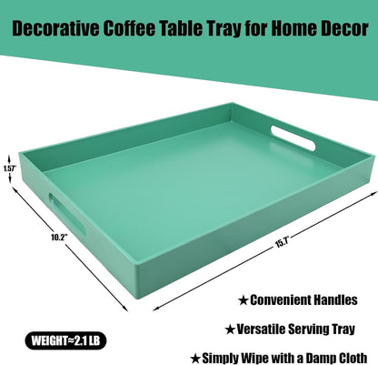 Green Serving Tray for Coffee Table, Rectangular Plastic Decorative Tray with Handles for Entertaining, Outdoor Patio, Living Room, Ottoman, Bathroom Counter, 11.8”*15.7”*1.6”