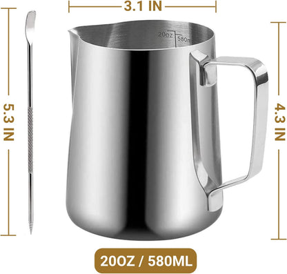 Milk Frothing Pitcher, 350ml/600ml (12oz/20oz) Milk Frother Cup Stainless Steel Jug Steaming Pitcher, Milk Coffee Cappuccino Latte Art Barista Steam Pitchers Milk Jug Cup with Decorating Pen