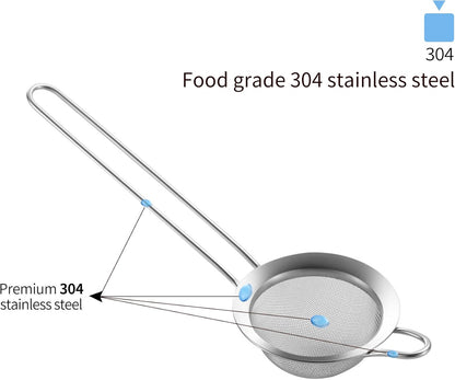 304 Stainless Steel 3.15 inch Fine Mesh Strainers for Kitchen, Colander-Skimmer with Handle, Sieve Sifters for Food, Tea, Rice, Oil, Noodles, Fruits, Vegetable 3inch