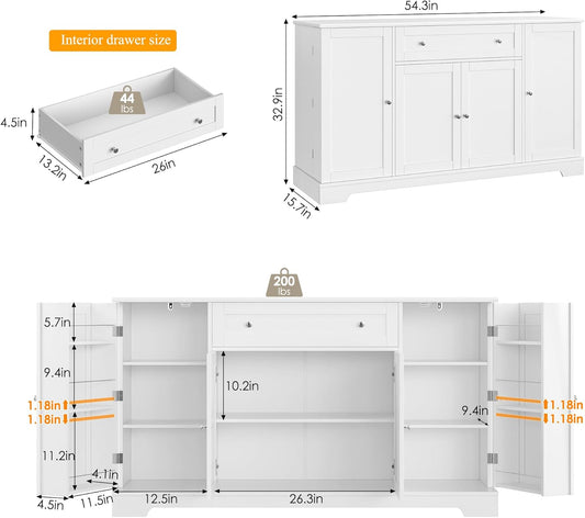HITHOS 54" Buffet Cabinet with Storage, Modern Kitchen Buffet Sideboard with Drawer, Wood Coffee Bar Station with Adjustable Shelves, Kitchen Storage Cabinet for Living Room, White
