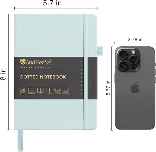 &And Per Se Dotted Journal Notebook, A5 Hardcover Leather Bullet Dotted Journal, 160 Pages 100 gsm Thick Dotted Paper，3 Sheets of Stickers Included - 5.7'' x 8''（Cyan）