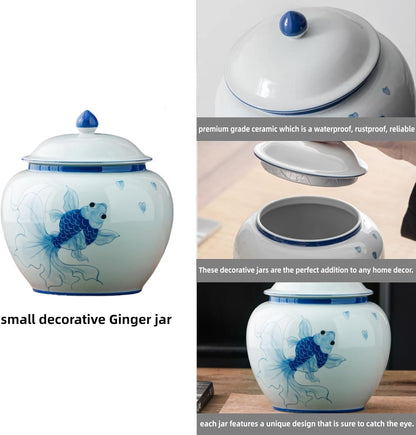 5 inches Ginger jar Lid - blue fish decorative Ceramic Ginger jar vase with Lid， chinoiserie gift koi decor small jars for Home decor/jewelry/Tea/coffee beans/Storage