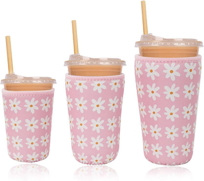 Reusable Insulated Neoprene Iced Coffee Cup Sleeve, Durable Drink Sleeve for Cold Beverages, Beverage Holder for Iced Coffee, Pink Daisies