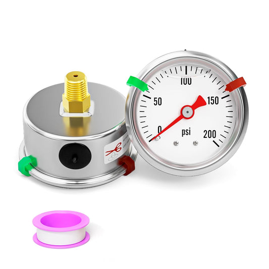 0-200psi Stainless Steel Glycerin Liquid Filled Pressure Gauge 1/8" NPT 1.5" Face Dial, Center Back Mount, for Water, Oil and Air Pressure Testing (with Range Mark Pointer)