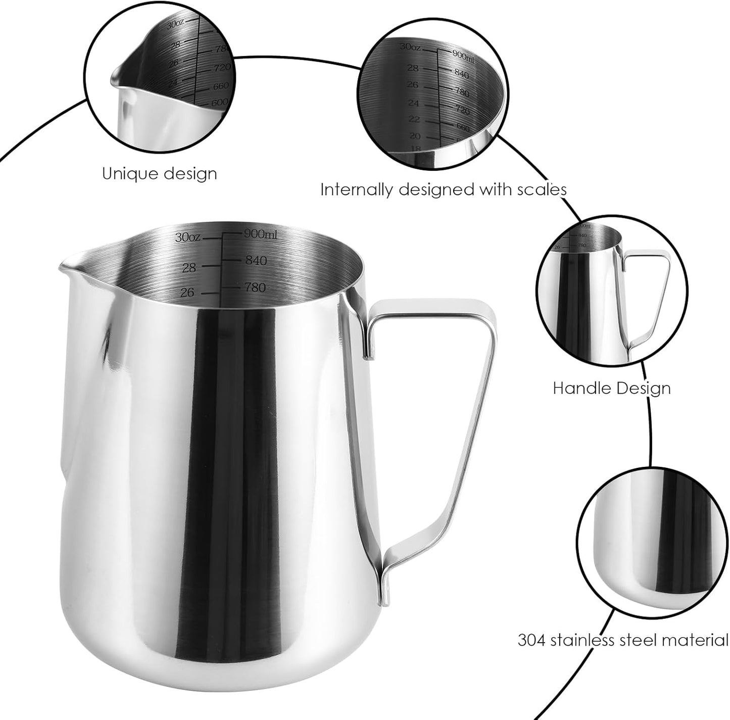 900ml Stainless Steel Milk Frothing Pitcher with Measurement Marks, 32oz Steaming Pitcher for Coffee, Cappuccino, Latte Art Milk Jug Cup for Home & Professional Use (1)