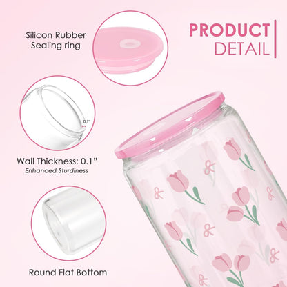 SANDJEST Floral Glass Can, Tulip Iced Coffee Aesthetic Cup, Gift for Christmas Birthday, Gifts for Women Girls, 16oz