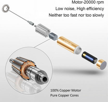 Milk Frother Handheld, Battery Operated Coffee Foamer Drink Mixer with 2 Stainless Steel Electric Whisks for Coffee, Latte, Cappuccino, Hot Chocolate, Protein， Batteries Included, Golden