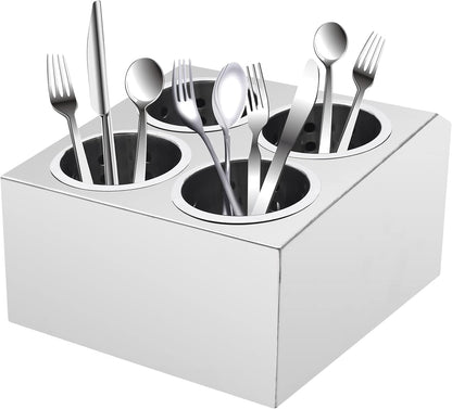 Stainless Steel Flatware Utensil Holder, Commercial 4-Hole Cylinder Silverware Organizer for Countertop Restaurant