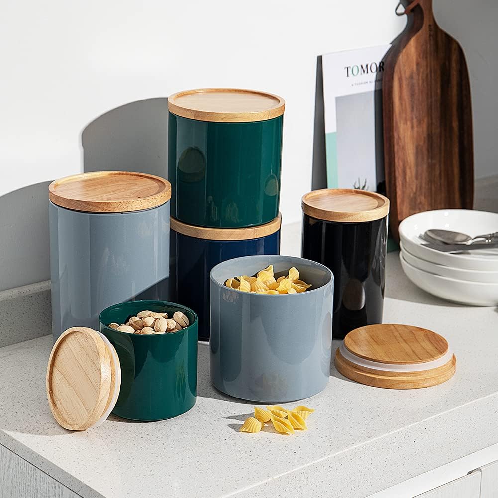 Sweejar Kitchen Canisters Ceramic Food Storage Jar, Stackable Containers with Airtight Seal Wooden Lid for Serving Coffee Bean, Flour, Tea, Spice and More - 39 Fl Oz (Gray)