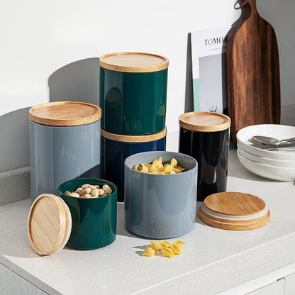 Sweejar Kitchen Canisters Ceramic Food Storage Jar, Stackable Containers with Airtight Seal Wooden Lid for Serving Coffee Bean, Flour, Tea, Spice and More - 39 Fl Oz (Gray)
