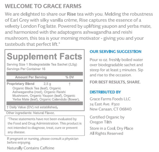 Grace Farms RISE Wellness Organic Tea Blend (100 Enveloped Pyramid Sachets w/ String & Tag) | Morning Energy & Focus | Earl Grey Crème with Adaptogenic Mushrooms and Ashwagandha | Fairtrade and Kosher | Gives Back 100% of Profits