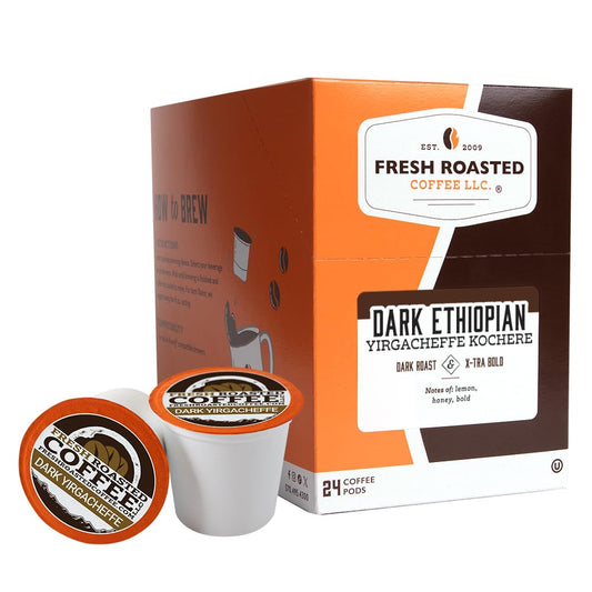 Fresh Roasted Coffee, Dark Ethiopian Yirgacheffe Kochere, Dark Roast, 24 Pods for K Cup Brewers