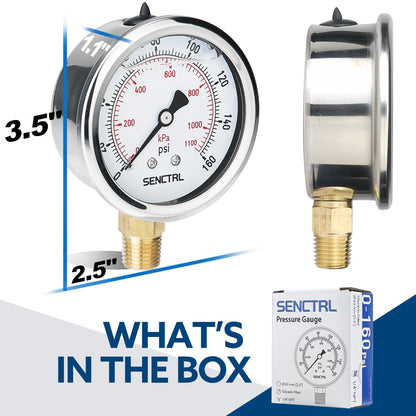 SENCTRL 0-160 Psi Glycerin Liquid Filled Air Pressure Gauge, 2.5" Dial Size, 1/4" NPT Lower Mount, Stainless Steel Case, Water Pump, Tire, Large Air Compressor, Well Pump, RV Regulator Pressure Test