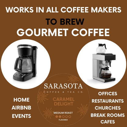 Sarasota Coffee Ground Packets | Gourmet Flavored Medium Roast Grounds Coffee Packs | Salted Caramel | Low Acid Mold Free Individual Single Pot Pouches for 12 Cup Coffee Maker | 2 Ounce Bags, 12 Count