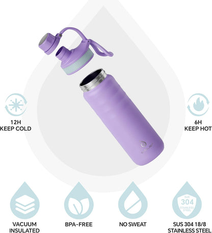 IDEUS Insulated Stainless Steel Water Bottle with 2 Leak-Proof Lids, Thermal Water Flask for Hiking Biking, 24oz, Violet
