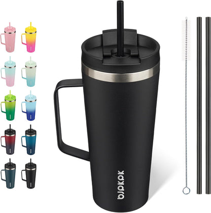 BJPKPK Insulated Tumbler with Handle, 22oz Insulated Tumblers with Lid and Straw, Stainless Steel Metal Water Bottles, Coffee Travel Mugs, Cups, Black