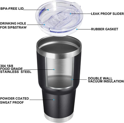 DOMICARE 30 oz Tumbler with Lid and Straw, Stainless Steel Tumblers Bulk, Insulated Vacuum Double Wall Travel Coffee Mug, Durable Powder Coated Tumbler Cups (Black, 8)