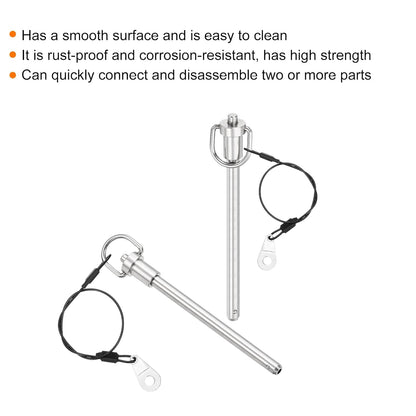 uxcell 2 Pcs Quick Release Pin, 5/16" x 4"(Dia. x L) Push-Button Ball Locking Pin 304 Stainless Steel Ring Handle Locking Pin with Wire for Audio Bimini Top Marine, Silver