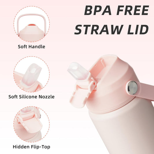 BJPKPK Insulated Water Bottle with Straw Lid, 12oz Thermos Water Bottles, Flex Handle & Non-slip Boot, BPA Free Leak Proof Stainless Steel Metal Thermos, Tumblers, Cups,Pearl Pink