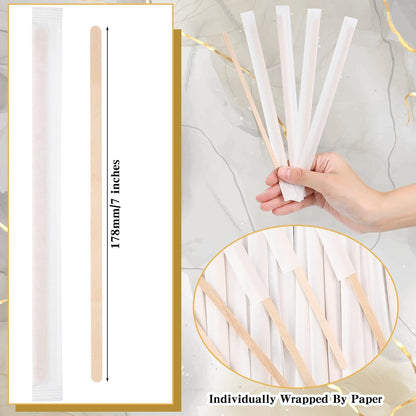 2000 Pcs Individually Wrapped Wooden Coffee Stirrers, Disposable Coffee Stir Sticks Round End Sticks Bulk Wood Stirrers for Cocktail Hot Drinks Restaurant Bar Home Office (7 Inch)