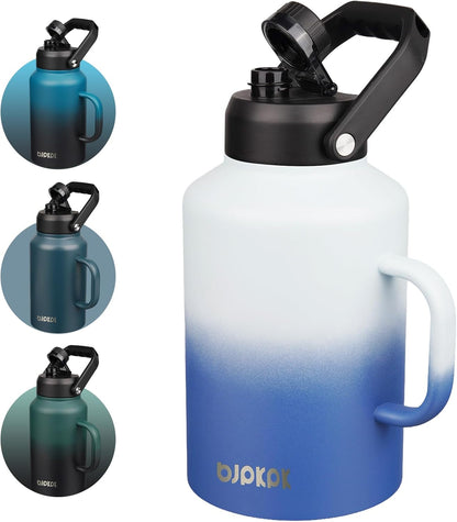 BJPKPK 1 Gallon Water Bottle with Handle, Large Dishwasher Safe 128oz Insulated Water Bottle, BPA Free Water Jug, Wide Mouth Metal Water Bottle with Anti-slip Bottom, Keep Cold & Hot,Sky