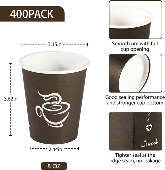 LITOPAK 400 Pack 8 oz Paper Cups, Brown Disposable Hot Coffee Cups for Party, Picnic, Travel, and Events