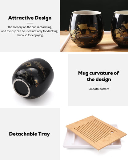 Dujust Japanese Tea Set, Black Porcelain Tea Set with 1 Teapot Set, 6 Tea Cups, 1 Tea Tray, 1 Stainless Infuser, Beautiful Asian Tea Sets for Adults, Tea Lover/Women/Men (Countryside in Golden)