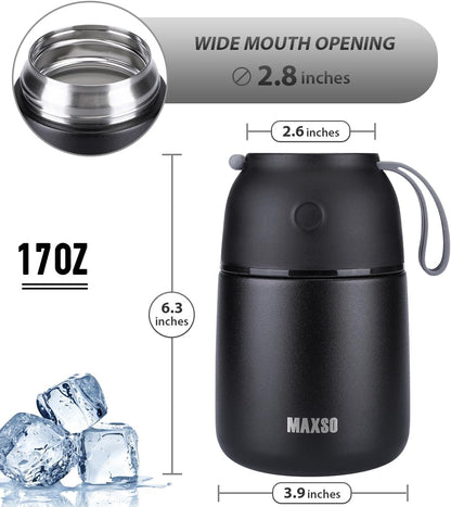 Insulated Thermo Food Jar for Hot & Cold Food for Kids Adult, 17 oz Soup Thermal Hot Food Containers for Lunch, Triple Layer Insulation Stainless Steel Food Jar with Spoon (Black)