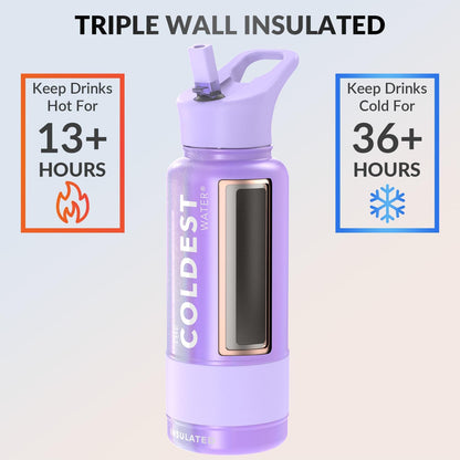 Coldest Insulated Water Bottle with Straw Lid - Stainless Steel Metal Insulated Bottle for Men & Women (Purple Glitter, 32 oz)