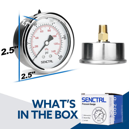SENCTRL 0-200 Psi Glycerin Liquid Filled Pressure Gauge, 2.5" Dial Size, 1/4" NPT Back Mount, Stainless Steel Case, for Water Oil Pressure Test in Pipe Pool Pump Sand Filter Air Compressor
