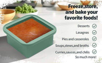 2-Cup Silicone Freezer Trays with Lids – Perfect for Meal Prep, Portion Control, and Easy Freezing-Meal Prep Container Molds for Soup,Leftovers (Green, 2 pack)