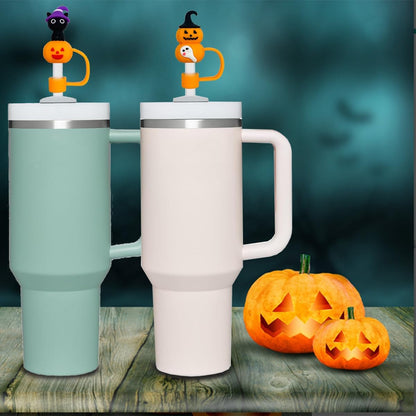 9PCS 3D Halloween Straw Toppers for Stanley Cup, Cute Silicone Skull Ghost Straw Covers Cap Compatible with 30&40oz Tumbler with Handle,10mm 0.4in Dust-Proof Reusable Tips Lids for Halloween Gifts