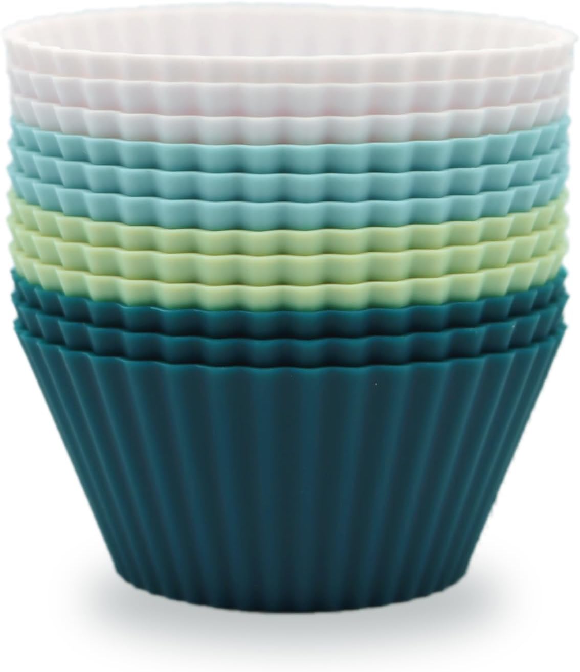 Silicone Baking Muffin Cups 12 Pack, Reusable Cupcake Liners Cake Molds, BPA Free, Dishwasher Safe(White, Green, Navy, Dusty Blue)