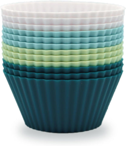 Silicone Baking Muffin Cups 12 Pack, Reusable Cupcake Liners Cake Molds, BPA Free, Dishwasher Safe(White, Green, Navy, Dusty Blue)