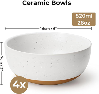 MIAMIO – Set of 4, 28 Ounce Ceramic Soup Bowls/Cereal Bowl Set for Salad, Oatmeal, Fruit, Rice – Dishwasher & Microwave Safe – Aura Collection (Creamy Cocoa, Bowls (4x))