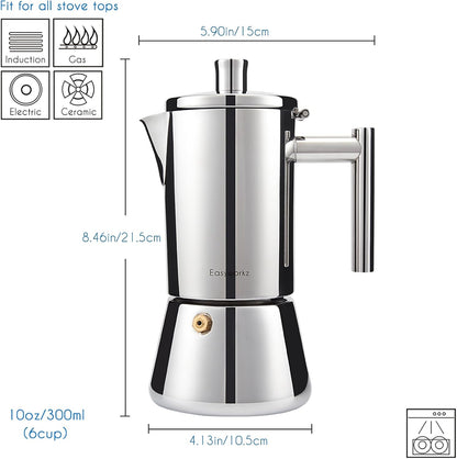 Easyworkz Diego Stovetop Espresso Maker Stainless Steel Italian Coffee Machine Maker 6Cup 10 oz Moka Pot Induction Espresso Pot