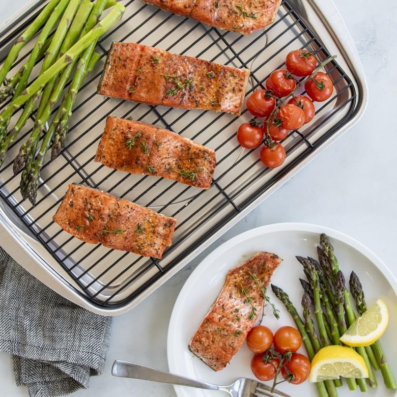 Nordic Ware Oven Crisp Baking Tray 2pc Set Includes Pan and Rack; Natural Aluminum For Air Frying, Crisping, Broiling, Baking