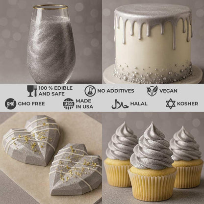 Bulk (20g) Silver Luster Dust Edible Glitter for Cocktails | Premium Edible Silver Luster Dust for Cake Decorations - Edible Glitter for Drinks Cupcakes Cookies Cakes Food Paint
