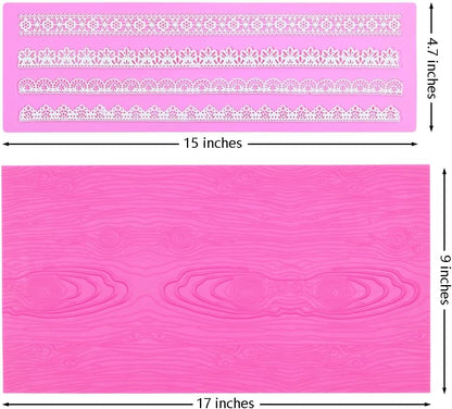 Embossing Lace Fondant Molds, Woodgrain Fondant Mats Molds, Silicone Molds for Cake Decorating set of 2