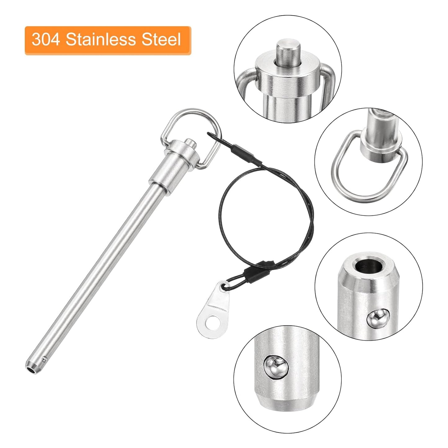 uxcell 2 Pcs Quick Release Pin, 5/16" x 4"(Dia. x L) Push-Button Ball Locking Pin 304 Stainless Steel Ring Handle Locking Pin with Wire for Audio Bimini Top Marine, Silver