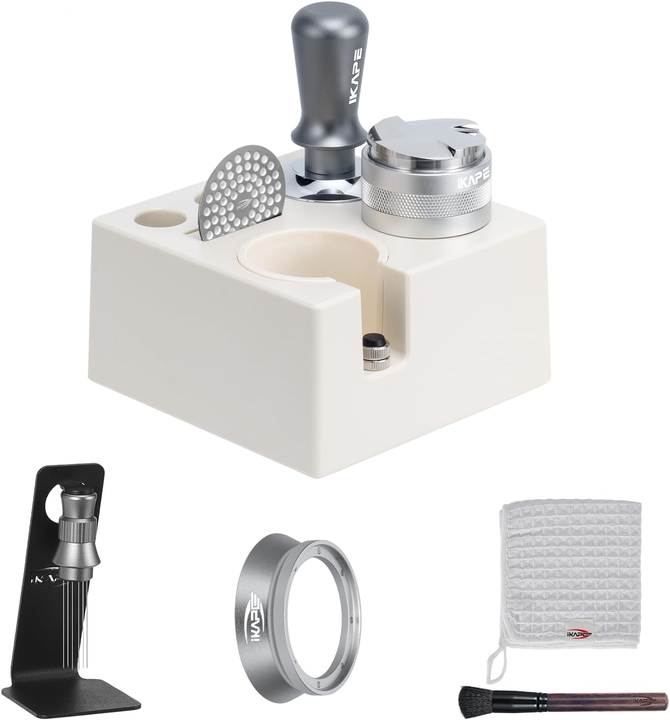 IKAPE 51MM Espresso Tamper Kit Silver 8 IN 1, Coffee Tamper Set comprising a Tamper, Distributor, Magnetic Dosing Funnel, Puck Screen, Station, WDT Tool, along with a Cleaning Towel and Brush