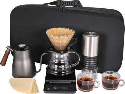 SOTECH Outdoor Coffee Hand Brewing Set Easy Operate Portable Travel Bag With Electric Grinder Hand Brewing Pot 850Ml For Outdoor Camping Rv Hiking Picnic (Coffee Set For 2 Cups)