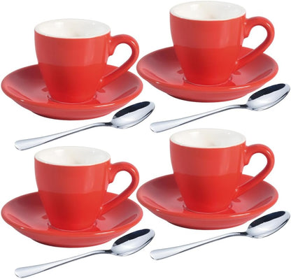 homEdge Porcelain Espresso Shot Cup Set with Saucers and Stainless Steel Spoons - 80 ml / 2.67 oz, Set of 4, Red