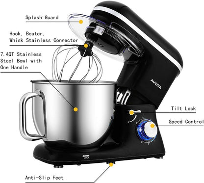 Aucma Stand Mixer,7.4QT Food Mixers, Kitchen Electric Mixer with Dough Hook, Wire Whip & Beater(Black, 7.4QT)
