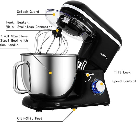 Aucma Stand Mixer,7.4QT Food Mixers, Kitchen Electric Mixer with Dough Hook, Wire Whip & Beater(Black, 7.4QT)