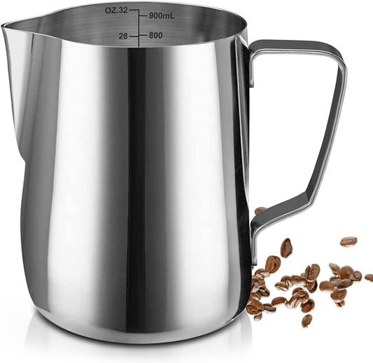 SIKEMAY Milk Frothing Pitcher Cup, 32oz/900ML Milk Frother Cup Stainless Steel Steaming Pitcher Milk Jug Coffee Latte Art Cappuccino Espresso Machine Accessories for Barista Steam Pitchers Tools