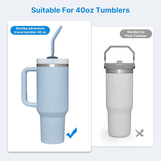 2 Pcs Stainless Steel Straws for 40 oz Stanley Tumbler, Replacement 40 oz Stanley Cup Straw Accessories with Silicone Tips and Cleaning Brush (Light Blue)