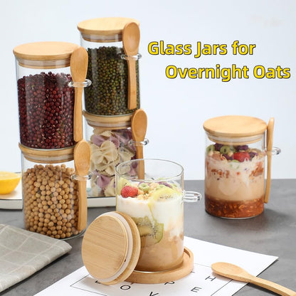 6 Pack Glass Jars with Bamboo Lids and Spoons for Loose Leaf Tea Storage, 17 OZ Glass Overnight Oat Container with Lid and Scoop, Glass Canister Set as Tea Container for Loose Leaf Tea Holder